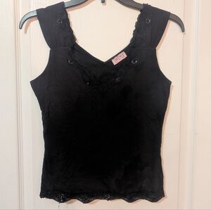 Lipstick Y2K Black With Lace Sequin Trim Cropped Sleeveless V Neck Top Vintage